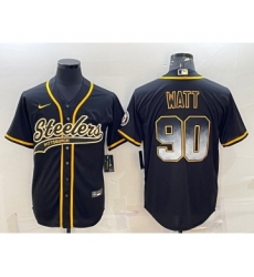 Men's Pittsburgh Steelers #90 TJ Watt Black Gold With Patch Smoke Cool Base Stitched Baseball Jersey