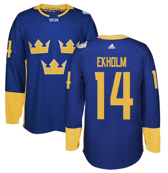 Men's Adidas Team Sweden #14 Mattias Ekholm Authentic Royal Blue Away 2016 World Cup of Hockey Jersey