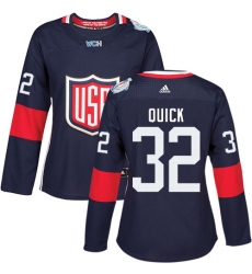 Women's Adidas Team USA #32 Jonathan Quick Premier Navy Blue Away 2016 World Cup Hockey Jersey