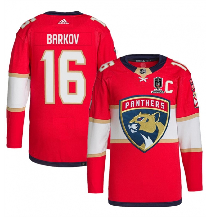 Men's Florida Panthers #16 Aleksander Barkov Red Home 2024 Stanley Cup Champions Stitched Jersey