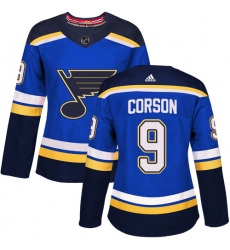 Women's Adidas St. Louis Blues #9 Shayne Corson Premier Royal Blue Home NHL Jersey