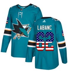 Youth Adidas San Jose Sharks #62 Kevin Labanc Authentic Teal Green USA Flag Fashion NHL Jersey