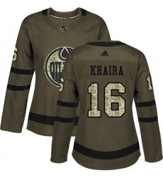 Women's Adidas Edmonton Oilers #16 Jujhar Khaira Authentic Green Salute to Service NHL Jersey
