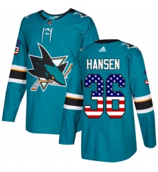Men's Adidas San Jose Sharks #36 Jannik Hansen Authentic Teal Green USA Flag Fashion NHL Jersey