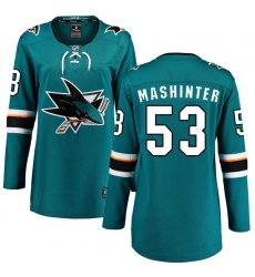 Women's San Jose Sharks #53 Brandon Mashinter Fanatics Branded Teal Green Home Breakaway NHL Jersey