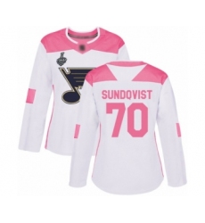 Women's St. Louis Blues #70 Oskar Sundqvist Authentic White Pink Fashion 2019 Stanley Cup Final Bound Hockey Jersey