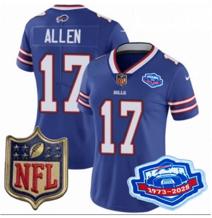 Women Buffalo Bills 17 Josh Allen Blue 2025 F U S E Farewell Season Gold Shield Stitched Football Jersey