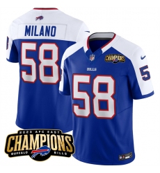 Men's Buffalo Bills #58 Matt Milano Blue White 2023 F.U.S.E. AFC East Champions With 4-star C Football Stitched Jersey