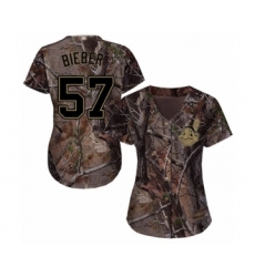 Women's Cleveland Indians #57 Shane Bieber Authentic Camo Realtree Collection Flex Base Baseball Jersey