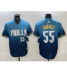 Men's Philadelphia Phillies #55 Ranger Suarez Blue 2024 City Player Number Cool Base Jersey