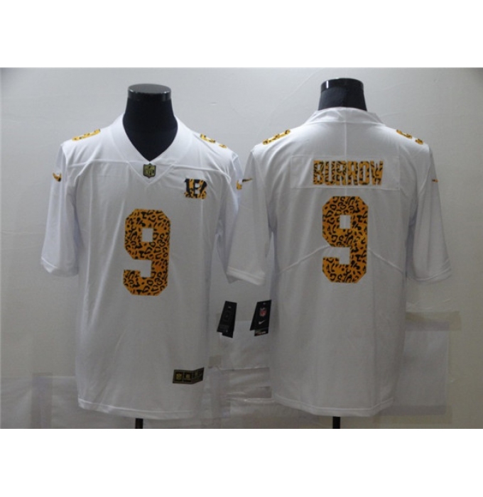 Men's Cincinnati Bengals #9 Joe Burrow 2020 White Leopard Print Fashion Limited Stitched Jersey