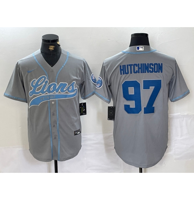 Men's Detroit Lions #97 Aidan Hutchinson Grey With Cool Base Stitched Baseball Jersey