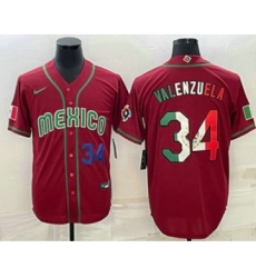Mens Mexico Baseball #34 Fernando Valenzuela Number 2023 Red Blue World Baseball Classic Stitched Jersey