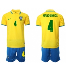 Men's Brazil #4 Marquinhos Yellow Home Soccer Jersey Suit