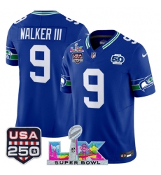 Men's Seattle Seahawks #9 Kenneth Walker III Royal 2025 F.U.S.E. Super Bowl LX And 50th Season & USA 250 Vapor Throwback Limited Football Stitched Jersey