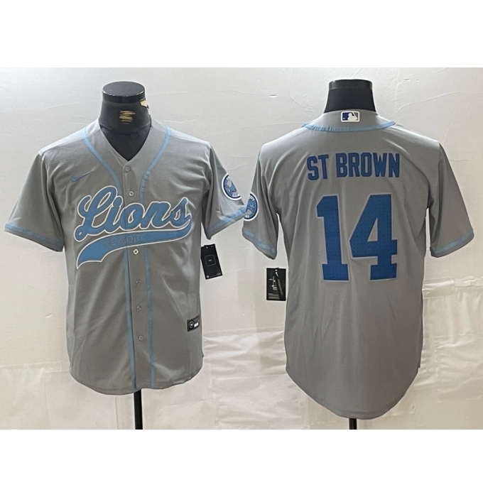 Men's Detroit Lions #14 Amon-Ra St. Brown Gray Cool Base Stitched Baseball Jerseys