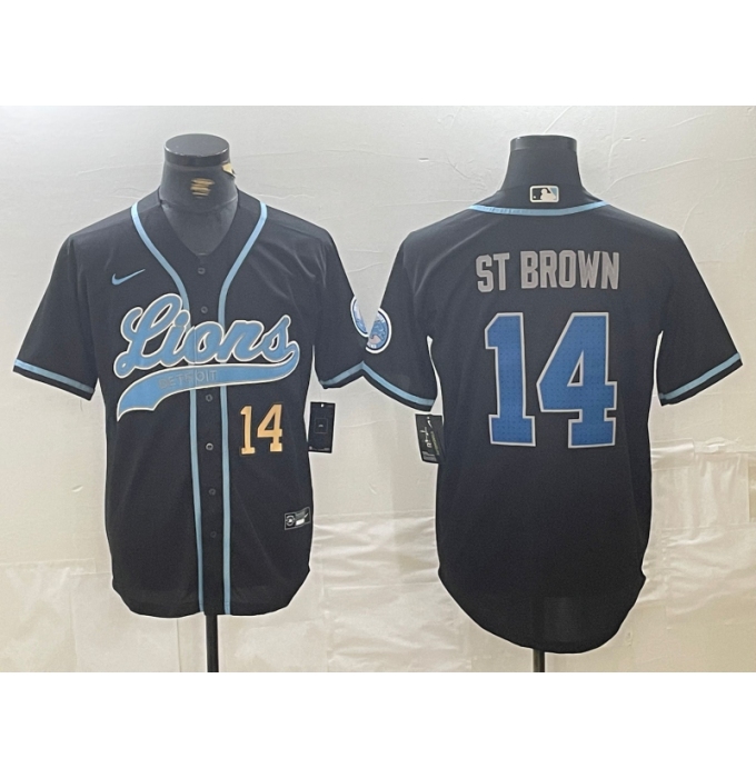 Men's Detroit Lions #14 Amon-Ra St. Brown Number Black Cool Base Stitched Baseball Jersey