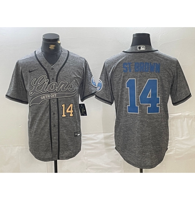 Men's Detroit Lions #14 Amon-Ra St. Brown Number Gray Cool Base Stitched Baseball Jersey