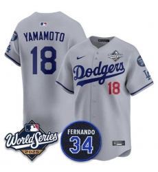 Men's Los Angeles Dodgers #18 Yoshinobu Yamamoto Gray 2025 World Series With No. 34 Limited Stitched Jersey