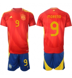 Men's Spain Team #9 Gerard Moreno 2024-25 Red Home Soccer Jersey Suit