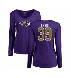 Football Women's Baltimore Ravens #39 Tyler Ervin Purple Name & Number Logo Long Sleeve T-Shirt