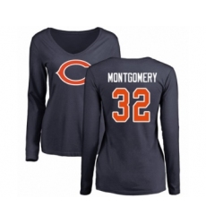 Football Women's Chicago Bears #32 David Montgomery Navy Blue Name & Number Logo Long Sleeve T-Shirt