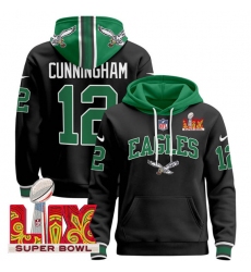 Men's Philadelphia Eagles #12 Randall Cunningham Black 2025 Super Bowl LIX Patch Pullover Stitched Hoodie