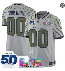 Men's Seattle Seahawks Active Player Custom Gray 2025 F.U.S.E. Super Bowl LX Patch And 50th Season Patch “Rivalries” Vapor Limited Stitched Jersey