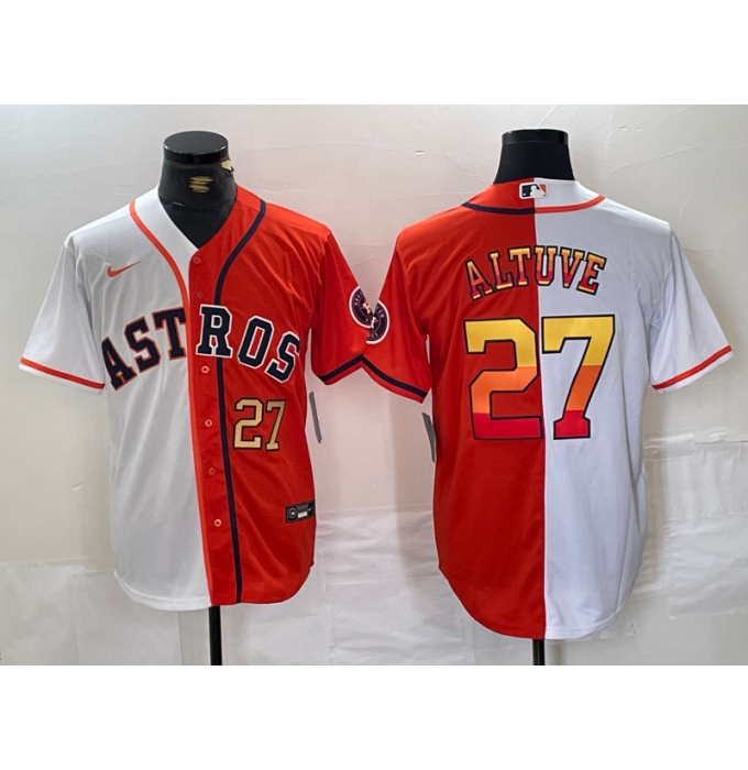 Men's Houston Astros #27 Jose Altuve Number White Orange Split Stitched Baseball Jersey