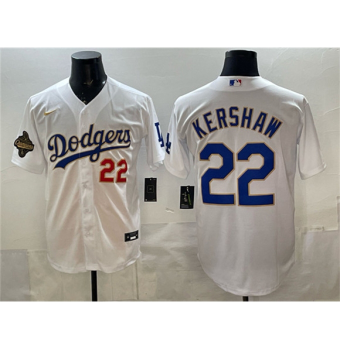 Men's Los Angeles Dodgers #22 Clayton Kershaw White 2025 World Series Champions Stitched Baseball Jersey
