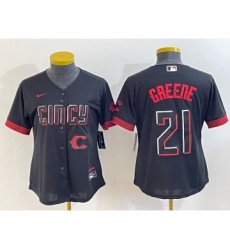 Women's Cincinnati Reds #21 Hunter Greene Number Black 2023 City Connect Cool Base Stitched Jersey1