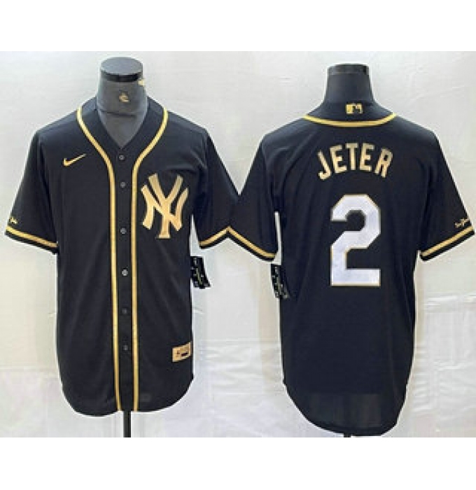 Men's New York Yankees #2 Derek Jeter Black Gold Cool Base Stitched Baseball Jersey