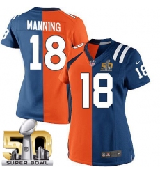 Women's Nike Denver Broncos #18 Peyton Manning Limited Navy Blue/White Split Fashion Super Bowl 50 Bound NFL Jersey