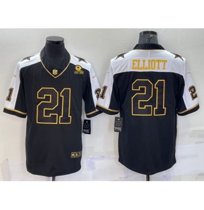 Men's Dallas Cowboys #21 Ezekiel Elliott Black Gold Thanksgiving With Patch Stitched Jersey
