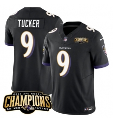 Men's Baltimore Ravens #9 Justin Tucker Black 2023 F.U.S.E. AFC North Champions Vapor Limited Football Stitched Jersey Men's Baltimore Ravens #9 Justin Tucker Black 2023 F.U.S.E. AFC North Champions Vapor Limited Football Stitched Jersey