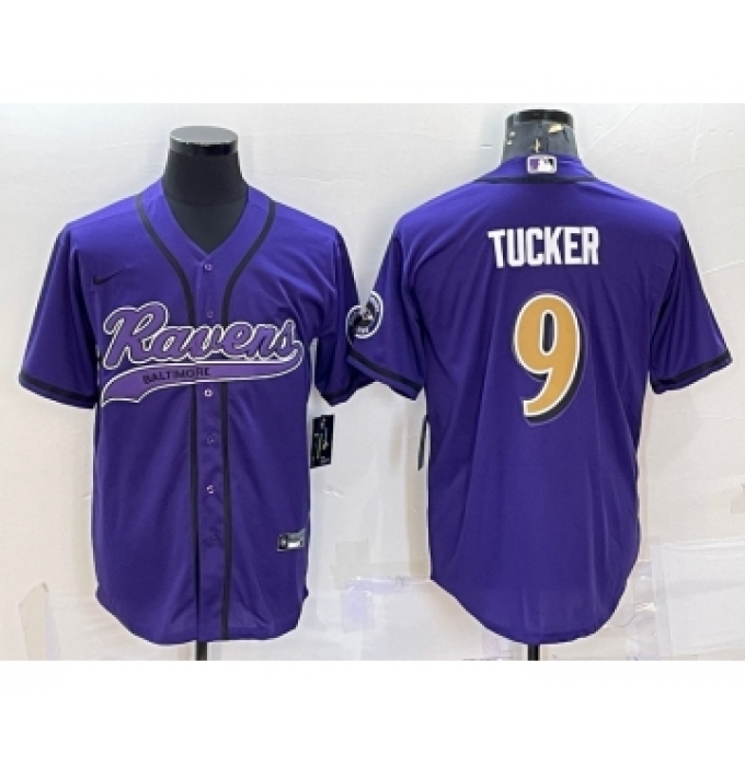 Men's Baltimore Ravens #9 Justin Tucker Purple Gold With Patch Cool Base Stitched Baseball Jersey
