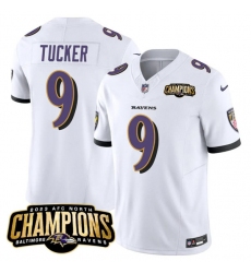 Men's Baltimore Ravens #9 Justin Tucker White 2023 F.U.S.E. AFC North Champions Vapor Limited Football Stitched Jersey