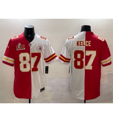 Men's Kansas City Chiefs #87 Travis Kelce Red & White Split 2025 Super Bowl LIX Vapor Limited Stitched Football Jersey